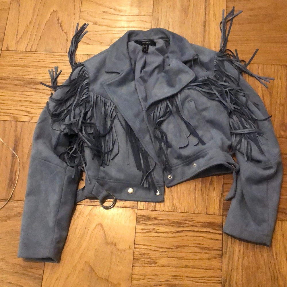 Blue Faux Suede Fringe Jacket